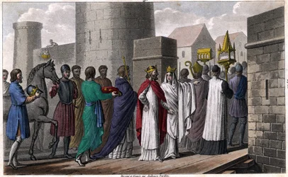 Chilperic trok na de moord op Sigebert in een processie Parijs binnen om niet de schijn te wekken dat hij de eed schond die hij had afgelegd om daar alleen met toestemming van zijn broers te komen. Brunehaut (of Brunehilde), die daarheen was gegaan met