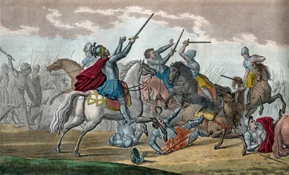 Clovis I (466-511), Koning van de Franken, Dynastie van de Merovingen - Tijdens de Slag bij Tolbiac tegen de Alemannen, beloofde hij zich tot het katholicisme te bekeren als God hem de overwinning zou schenken - Getekend en gegraveerd door Ambroise Tardieu