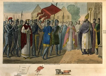 Dagobert 603 tot 639 haalt de banier neer bij St Denis - Dagobert I (? - 639), Koning der Franken, Dynastie van de Merovingen. Hij stichtte de abdij van Saint Denis waar hij de oriflamme deponeerde. Tekening en gravure door Ambroise Tardieu in 1825