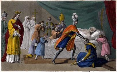 Dood van Pepijn van Herstal (635-714) omringd door zijn familie - Dood van Pepijn van Herstal (grootvader van Pepijn de Korte), omringd door zijn familie en in aanwezigheid van Dagobert III (714) - Getekend en gegraveerd door Ambroise Tardieu in 1825