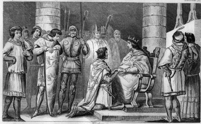 Edward III van Engeland dwingt ons om eerbetoon te betalen aan Filips VI van Valois, in de kathedraal van Amiens in 1329 - Gravure uit 1825 in 