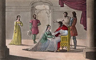 Emma van Frankrijk kust de knieën van haar echtgenoot Raoul, die zij koos als koning tijdens de gevangenschap van Karel III de Eenvoudige. Getekend en gegraveerd door Ambroise Tardieu in 1825.