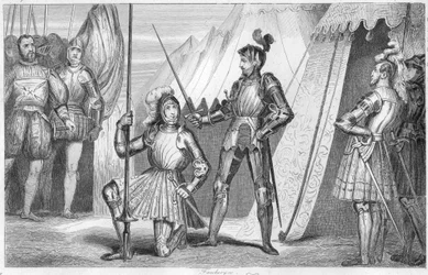 Francis I van Frankrijk vraagt om geridderd te worden door de Chevalier Bayard na de overwinning in de Slag bij Marignano, Italië