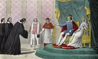 Francois II (1544-1560) kondigt aan de afgevaardigden van het Parlement die hem komen begroeten na de dood van zijn vader aan dat hij zijn ooms de Hertog van Guise (Francois) heeft gekozen