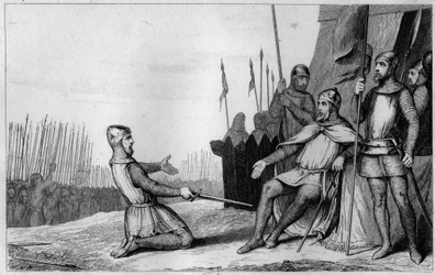 Hendrik I (1008-60) vergeeft zijn broer Robert-Le-Vieux in 1032 - Hendrik I (1008-1060), koning van Frankrijk, vergeeft zijn broer Robert le Vieux die tegen hem in opstand kwam, en hij staat het Hertogdom Bourgondië in 1032 af - Gravure 1825 in 