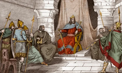 Koning Charibert (521-567) in Raad met Magistraten - Caribert of Cherebert, koning van Parijs (561-567) houdt raad, of hij sprak recht - Gravure van 1825 in 