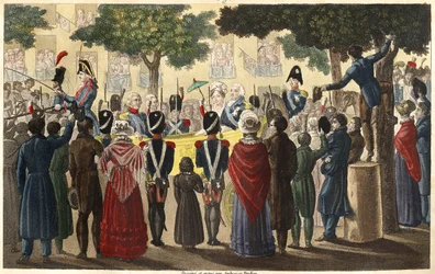 Lodewijk XVIII (1755-1824) werd uitgeroepen tot koning door het leger van Condé onder een klein aantal onderdanen trouw aan Parijs in 1814 (Restauratie) - Ontworpen en gegraveerd door Ambroise Tardieu in 1825