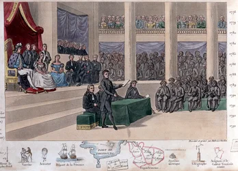 Lodewijk XVI (1754-1793) bij de Assemblée des Notables, Bijeenroeping van de Staten-Generaal en terugroeping van Necker in 1787 na een politieke crisis als reactie op het koninklijk absolutisme van Lodewijk XVI - Getekend en gegraveerd door Ambroise Tardie