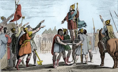 Pharamond I (ca. 370-427), koning van de Franken. Op een schild geheven door zijn volk dat hem tot koning heeft gekozen - Pharamond, erkend door de Franken-Saliërs en de Galliërs verenigd in één volk, wordt op een schild geheven en loopt triomfantelijk ron