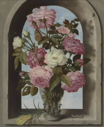 Dutch: Rozen in een roemer, geplaatst in een venster met een crocus en een rups Still-life with Roses in a Glass Vase