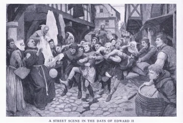 Een straattafereel in de dagen van Edward II, uit Cassells History of the British People gepubliceerd door de Waverley Book Company Limited, ca. 1940
