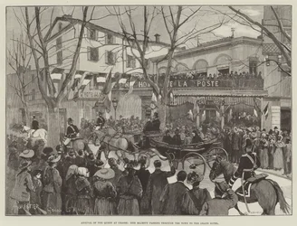 Aankomst van de koningin in Grasse, Hare Majesteit passeert door de stad naar het Grand Hotel