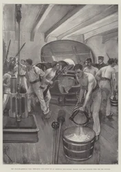 De Spaans-Amerikaanse Oorlog, voorbereiding voor actie op een Amerikaans oorlogsschip, vullen van kanonnen en divisiekuipen voor de sponzen