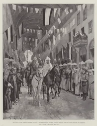 Het bezoek van de Duitse keizer aan Syrië, de keizer en keizerin die door de nieuwe grote bazaar in Damascus trekken