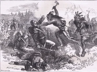 Aanval van de indianen op Fort Dearborn, illustratie uit Cassells Geschiedenis van de Verenigde Staten