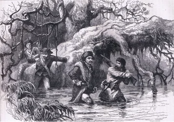 Clarke en zijn soldaten steken de Wabash over, illustratie uit Cassells Geschiedenis van de Verenigde Staten gepubliceerd door Cassell, Petter & Galpin, ca. 1900 (litho)