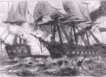 Gevecht tussen de Chesapeake en de Shannon, illustratie uit Cassells Geschiedenis van de Verenigde Staten uitgegeven door Cassell, Petter & Galpin, ca. 1900 (litho)
