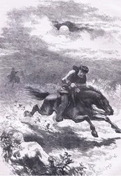 Achtervolging van Paul Revere de verkenner, illustratie uit Cassells Geschiedenis van de Verenigde Staten uitgegeven door Cassell, Petter & Galpin, ca. 1900 (litho)