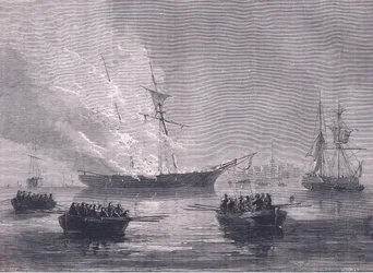De verbranding van Gaspee, illustratie uit Cassells Geschiedenis van de Verenigde Staten uitgegeven door Cassell, Petter & Galpin, ca. 1900 (litho)