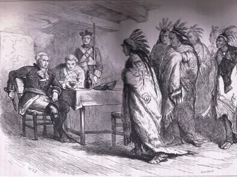Bezoek van Pontiac en de Indianen aan Major Gladwin 1763, illustratie uit Cassells Geschiedenis van de Verenigde Staten uitgegeven door Cassell, Petter & Galpin, c.1900