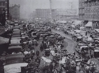 Haymarket Square vol met door paarden getrokken koetsen, Chicago