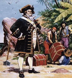 Piratenhoofdman die schat begraaft