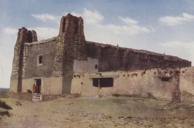 De oude kerk, Pueblo of Acoma, New Mexico (ingekleurde foto)