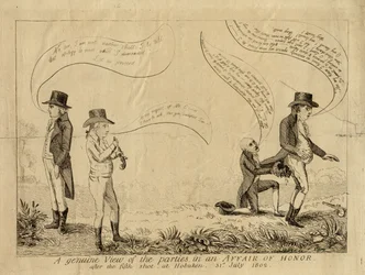 Een echt beeld van de partijen in een eerkwestie na het vijfde schot in Hoboken, 31 juli 1802