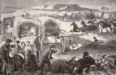 Een Wagenkaravaan gevormd tot een Kraal op de Oregon Trail