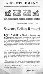 Advertentie met een beloning van zeventig dollar voor de terugvinding van verdwaalde (of gestolen) paarden, en de vangst van de dief, geplaatst in South Carolina, 1768