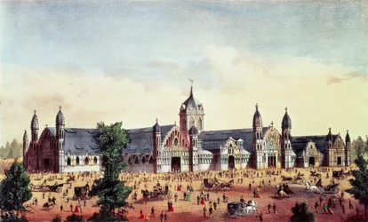 Agricultural Hall, Grand United States Centennial Exhibition, Fairmount Park, Philadelphia, uitgegeven door Currier en Ives, 1876