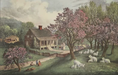 Amerikaans landhuis - Lente, uitgegeven 1869, Currier & Ives