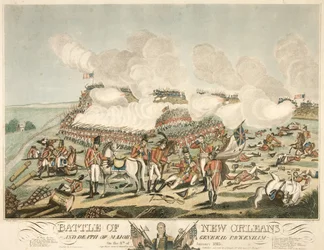 Slag bij New Orleans en dood van Generaal-majoor Packenham op 8 januari 1815, uitgegeven 1815