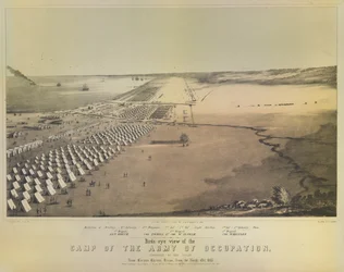 Vogelvlucht van het kamp van het bezettingsleger, gedrukt door G & W Endicott, New York, 1847