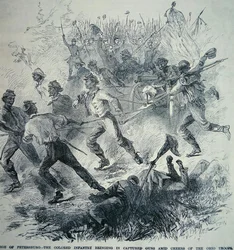 Zwarte troepen van het Union Army brengen veroverde kanonnen binnen tijdens het Beleg van Petersburg (1864-65)