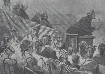 Brigham Young bekeken door zijn vele jonge vrouwen terwijl hij predikt in de Grote Mormoonse Tabernakel, Utah