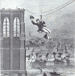 Brooklyn Bridge in aanbouw; de heer Farrington, hoofdconstructiesupervisor, is de eerste die de overspanning tussen de twee pylonen oversteekt op 25 augustus 1876 (gravure)