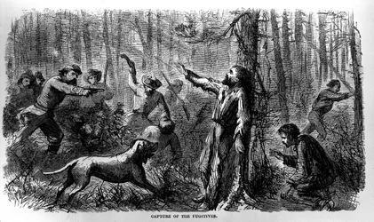 Vangst van de voortvluchtigen, uit Prison Life in the South, geschreven door Allen O. Abbott en gepubliceerd in 1865