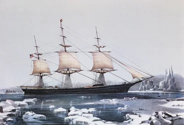 Clipper Schip Red Jacket in het ijs bij Kaap Hoorn op haar reis van Australië naar Liverpool, uitgegeven door Currier en Ives, 1854