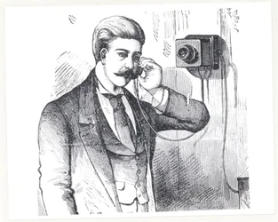 Condensatortelefoon in gebruik, uit The Electric Telephone door George Bartlett Prescott (b.1830), 1890