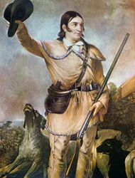 David (Davy) Crockett (1786-1836) met zijn jachthonden in 1836