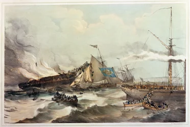 Vernietiging van het emigrantenschip Ocean Monarch, gegraveerd door Maclure, 1845
