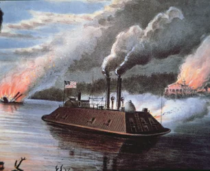 Federale ironclad schip op de Mississippi bombardeert vijandelijk gebied