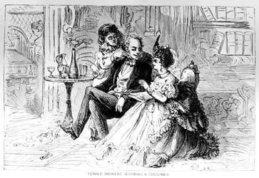 Vrouwelijke makelaars die een klant binnenhalen, illustratie uit The Bulls and Bears of New York, door Matthew Hale Smith (1810-79) 1873