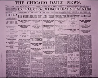 Voorpagina van The Chicago Daily News met berichtgeving over de Chicago Haymarket Arbeidersoproer, 5 mei 1886