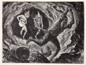 Kabouters jagen een mijnwerker angst aan, uit The World Guide to Gnomes, Fairies, Elves and Other Little People van Thomas Keightley (1789-1872), gepubliceerd in 1880