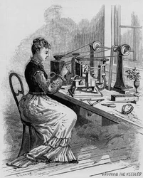 Groeven van de naalden, illustratie van naaimachineproductie uit Scientific American magazine, 1879