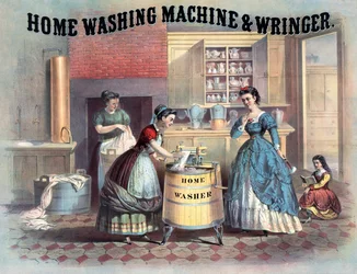 Huishoudelijke wasmachine en wringer, ca. 1869