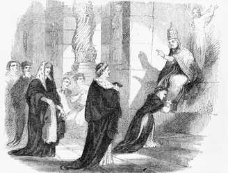 Illustratie uit een anti-katholiek pamflet die een priester toont die de gewaden van de paus kust