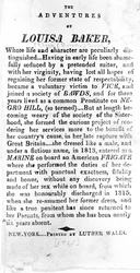 Introductiepagina van The Adventures of Louisa Baker gedrukt door Luther Wales, New York, 1815